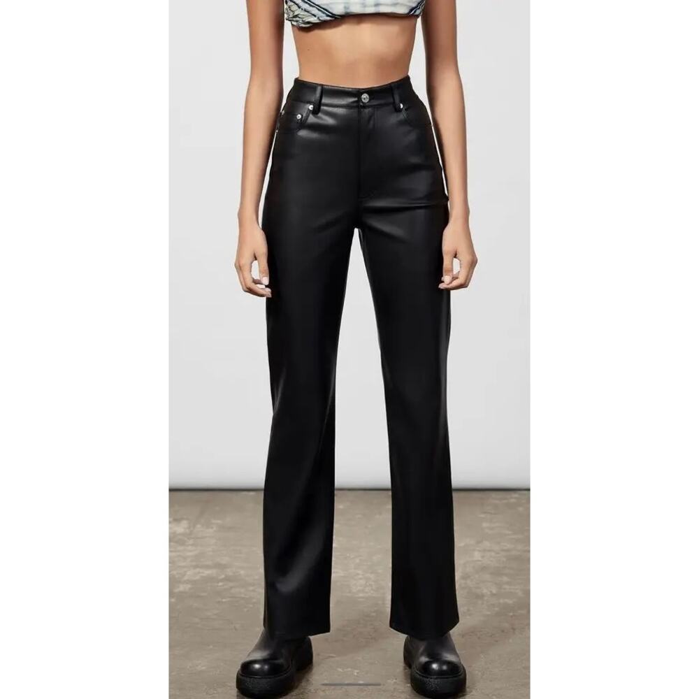 Zara Faux Leather Pants Straight Leg High Rise Motorcycle Black Womens Size 8